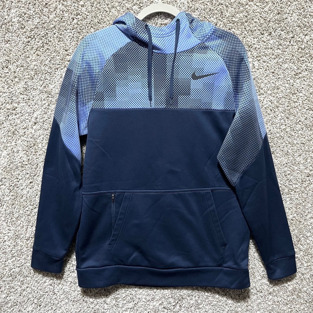 Nike Hoodie Men's Medium Therma Dri-FIT Blue Dot Print Fleece Pullover Training